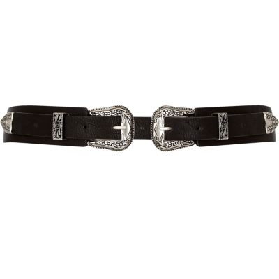 Black Western double buckle belt